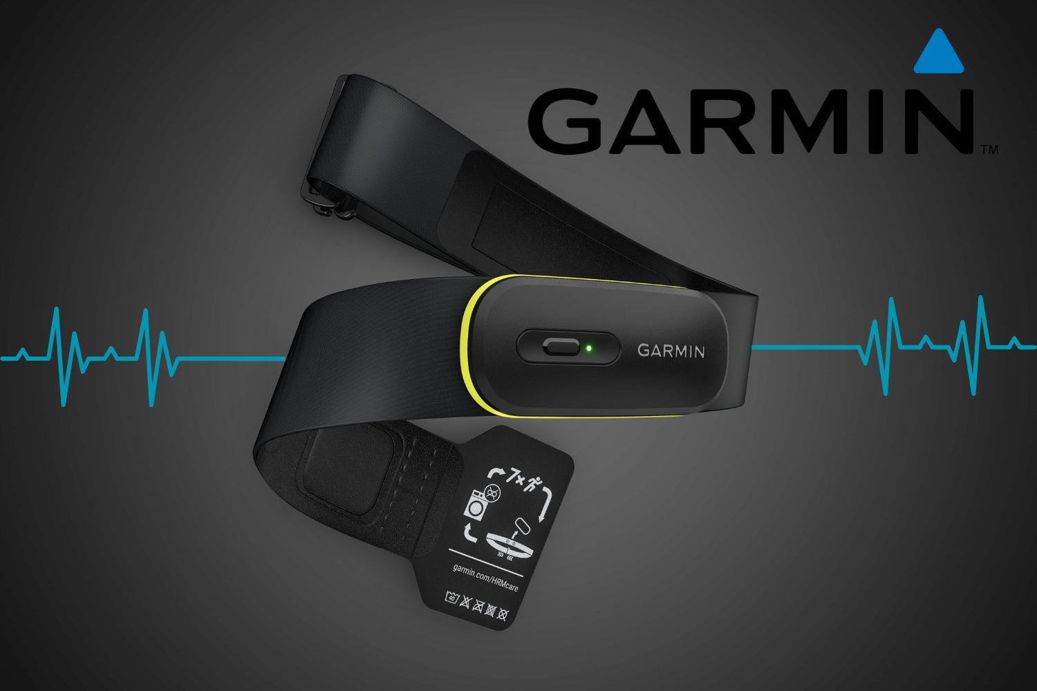 Garmin HRM600 Titelbild, Darstellung von vorn mit blauen Herzfrequenzlinien