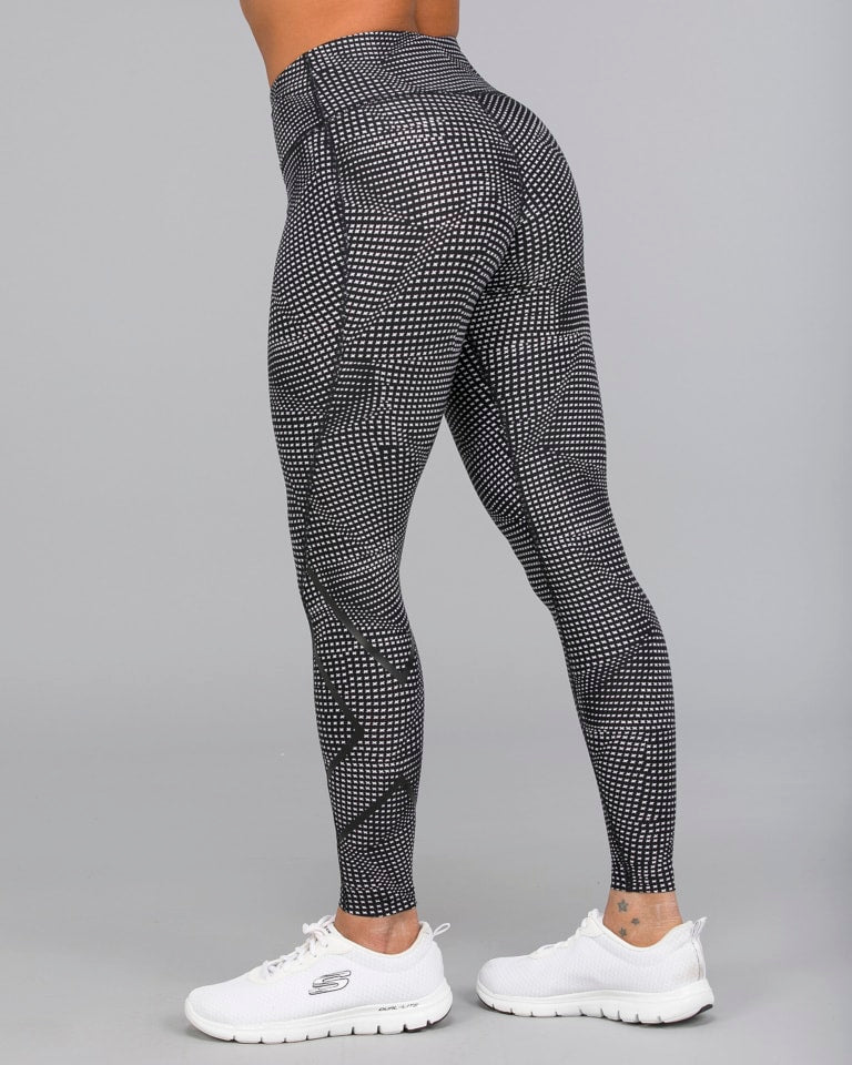 2XU Print Mid-Rise Compression Tights, Damen, Laufhose, White X Black/Black
