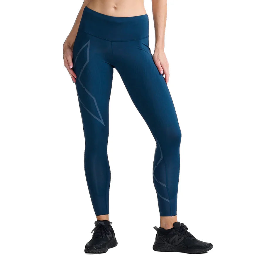 2XU Light Speed Mid-Rise Compression Tights, Damen, Laufhose, Moonlight/Moonlight Reflective