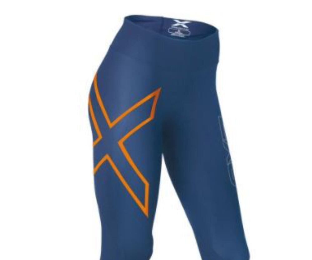 2XU Mid-Rise Compression 3/4 Tights, Damen, Dark Blue/Torch Orange