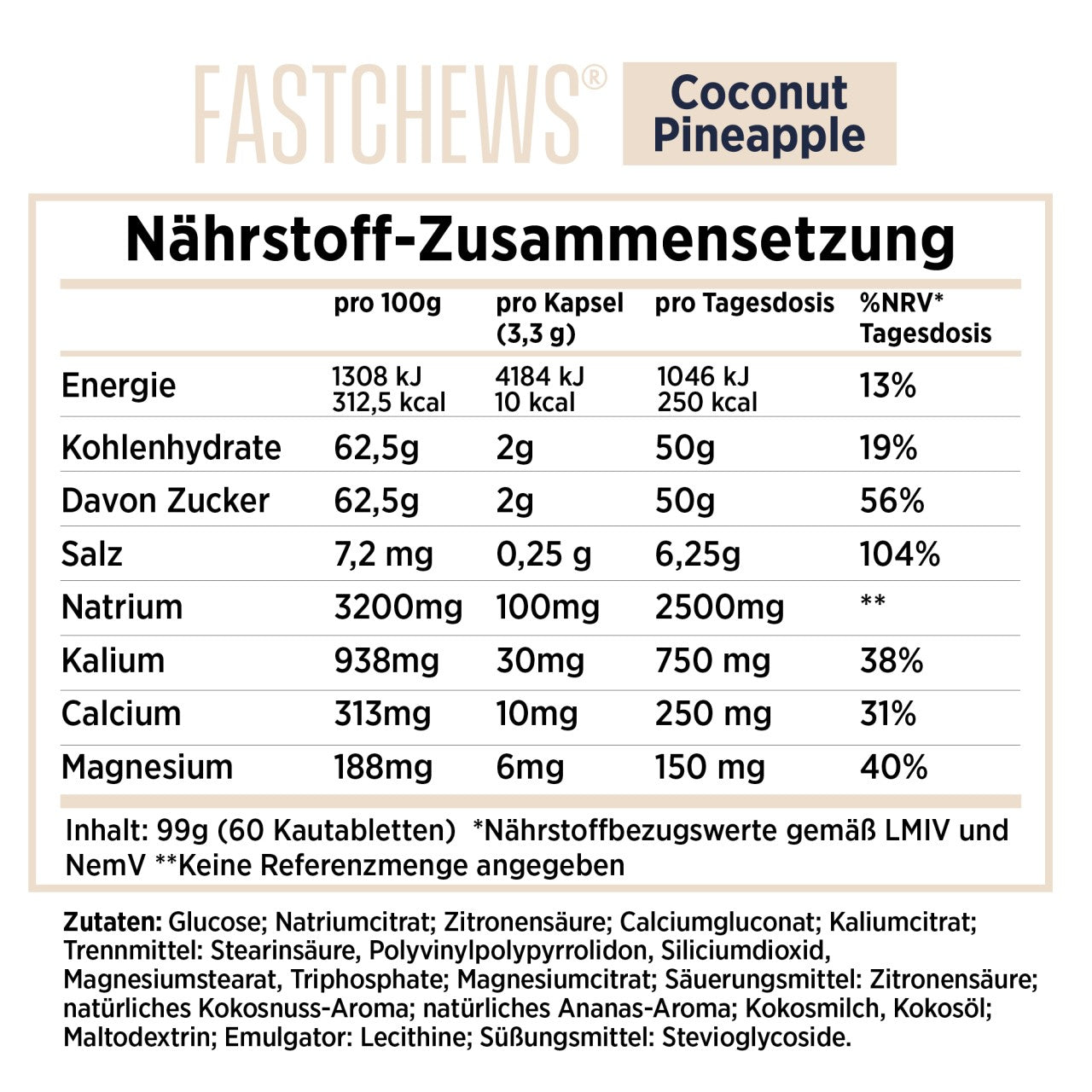 SaltStick FastChews Coconut Pineapple, Elektrolyt-Kautabletten, 60 Stück, 96 g