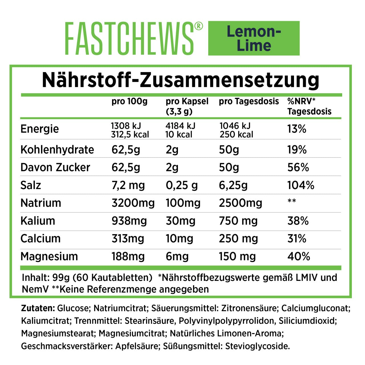 SaltStick FastChews Lemon Lime, Elektrolyt-Kautabletten, 10Stück, 16g