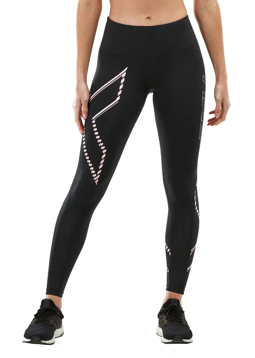 2XU Damen Mid-Rise Compression Tights, Black/Blossom Duo Tone
