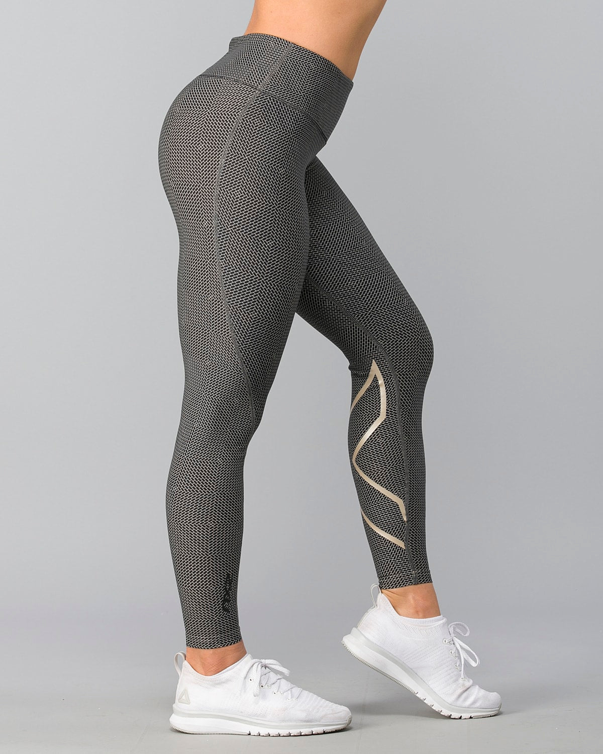 2XU Print Mid-Rise Comp Tights, Damen, Laufhose, Brick Black/Champagne