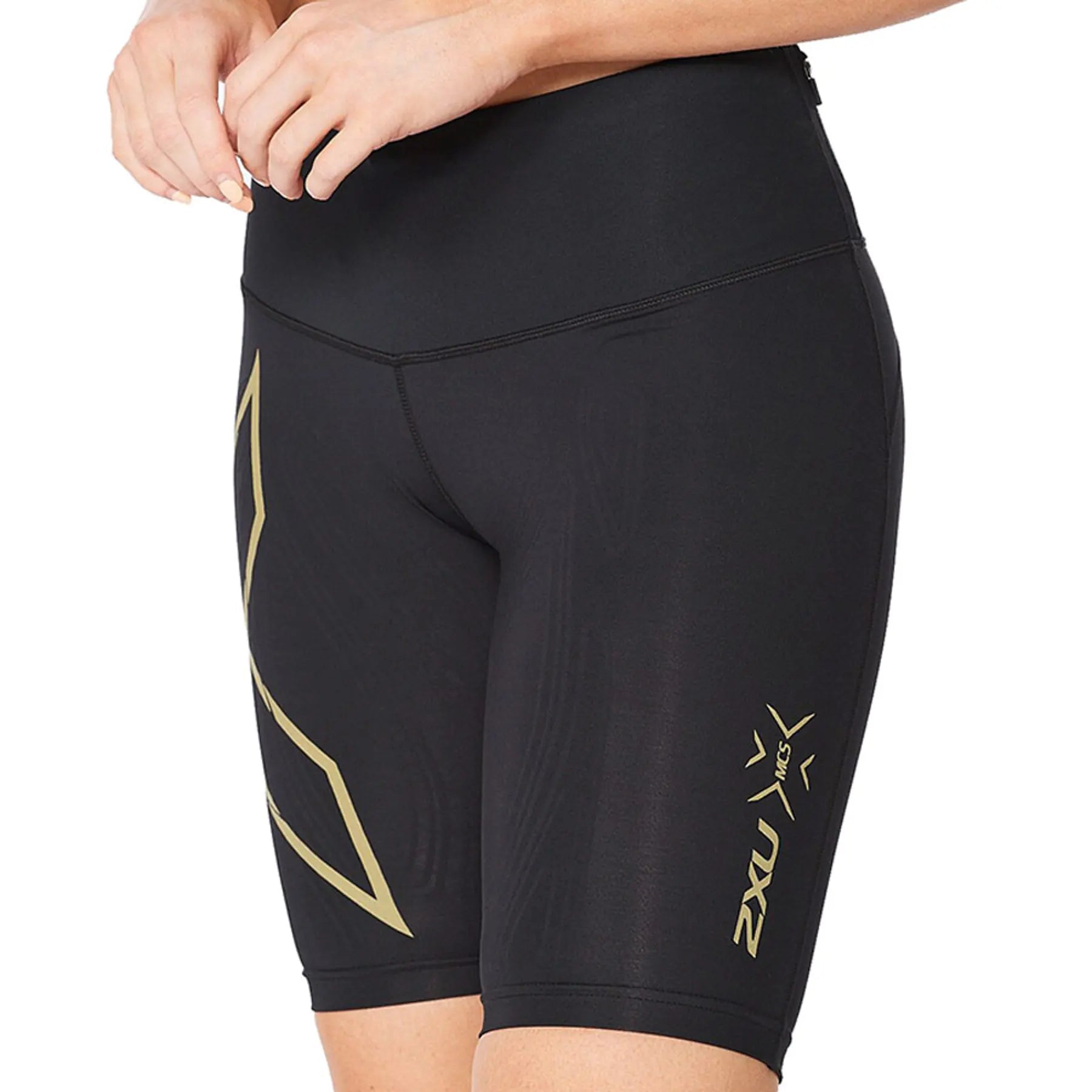 2XU Light Speed Mid-Rise Compression Shorts, Damen, Black/Gold Reflective