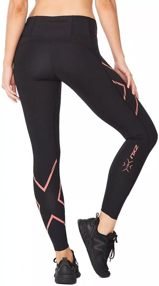 2XU Light Speed Mid-Rise Compression Tights, Damen, Laufhose, Black/Cranberry Reflective