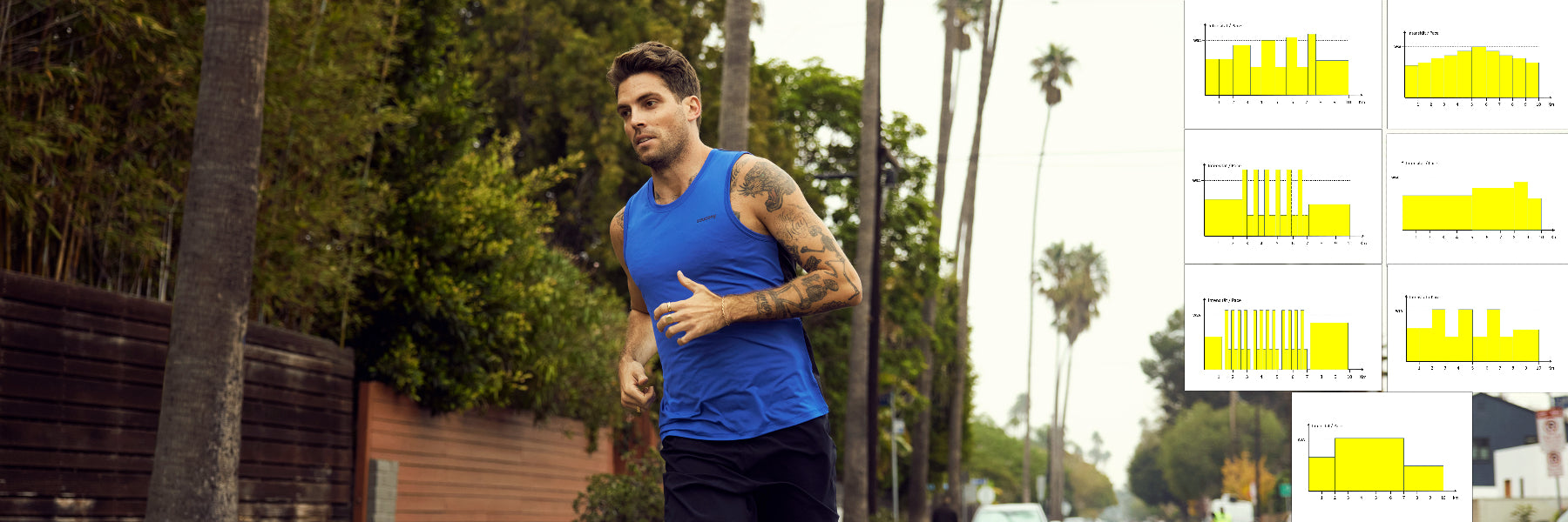 Ein männlicher Läufer im blauen Laufshirt läuft auf einer Straße, Großaufnahme, Ansicht von schräg vorn