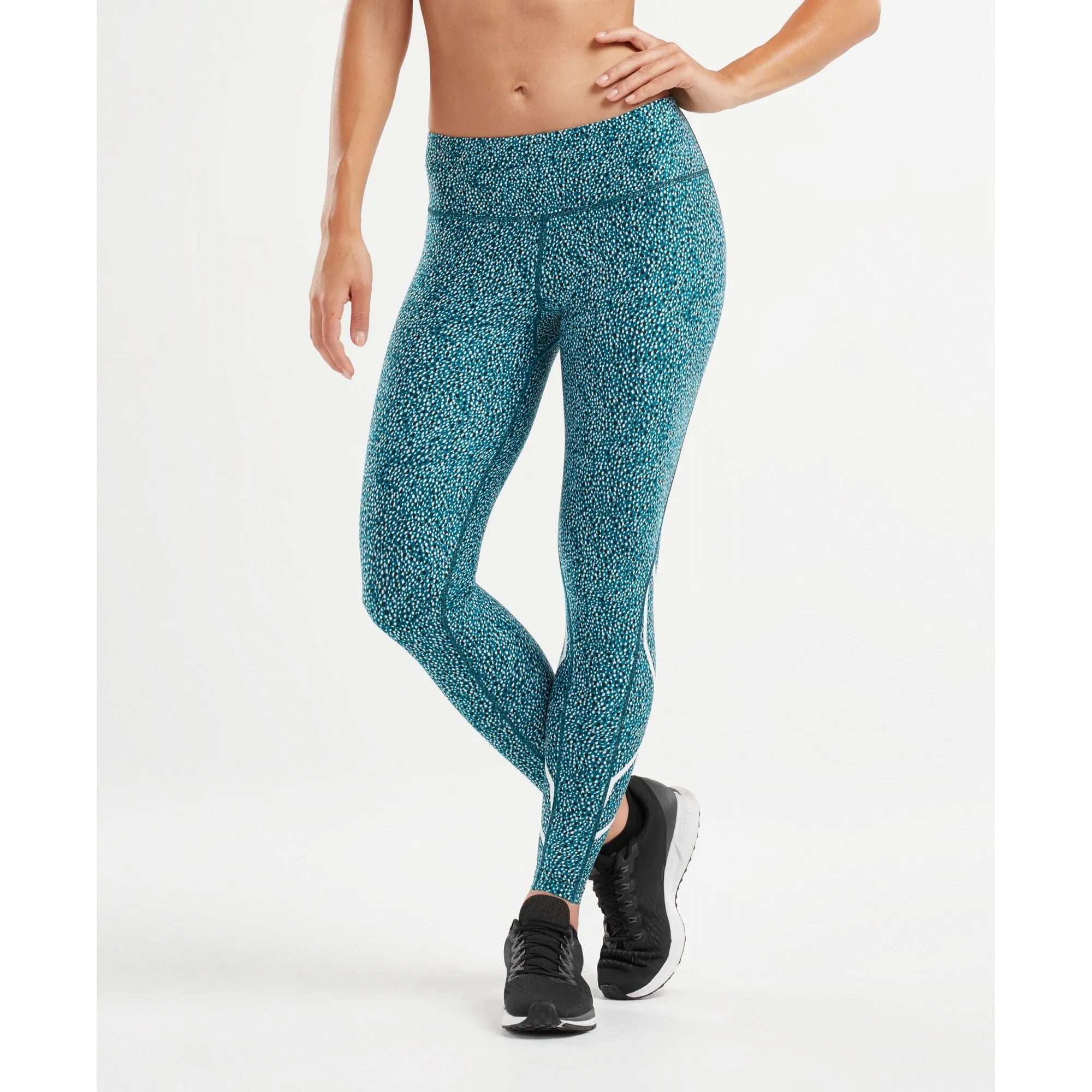 2XU Print Mid-Rise Compression Tights, Damen, Laufhose, Rain Spot Ocean Teal/White