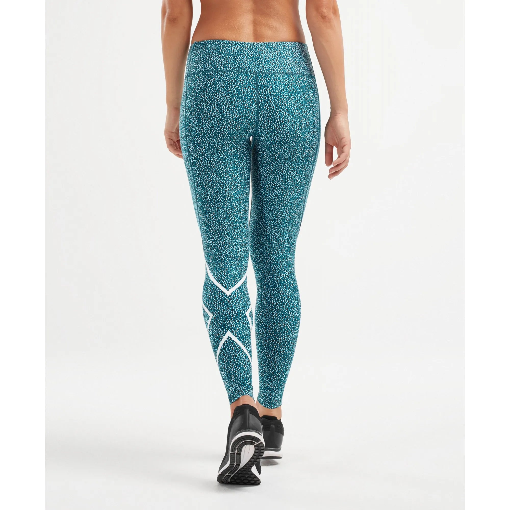 2XU Print Mid-Rise Compression Tights, Damen, Laufhose, Rain Spot Ocean Teal/White