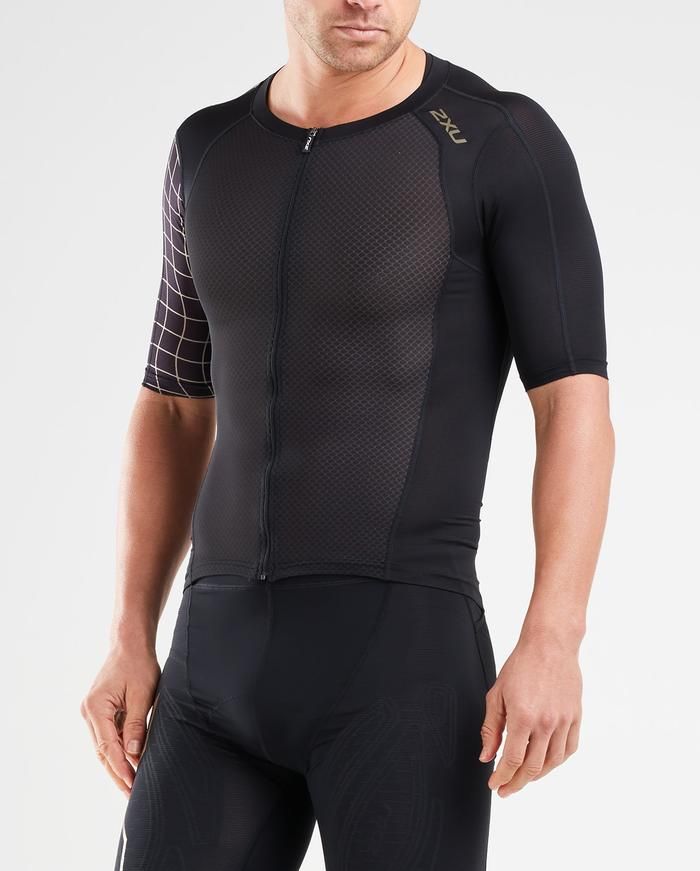 2XU Compression Sleeved Tri Top, Herren, schwarz/gold