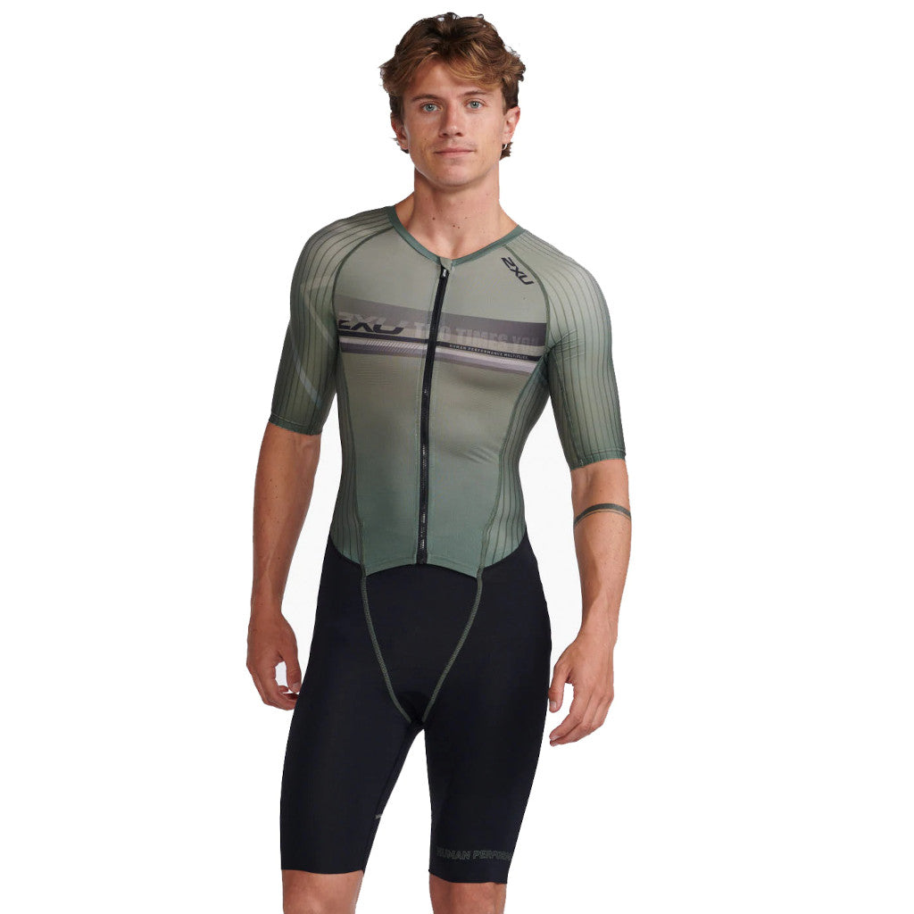 2XU Aero Sleeved Trisuit, Herren, alpine/periscope, olivegrün/schwarz