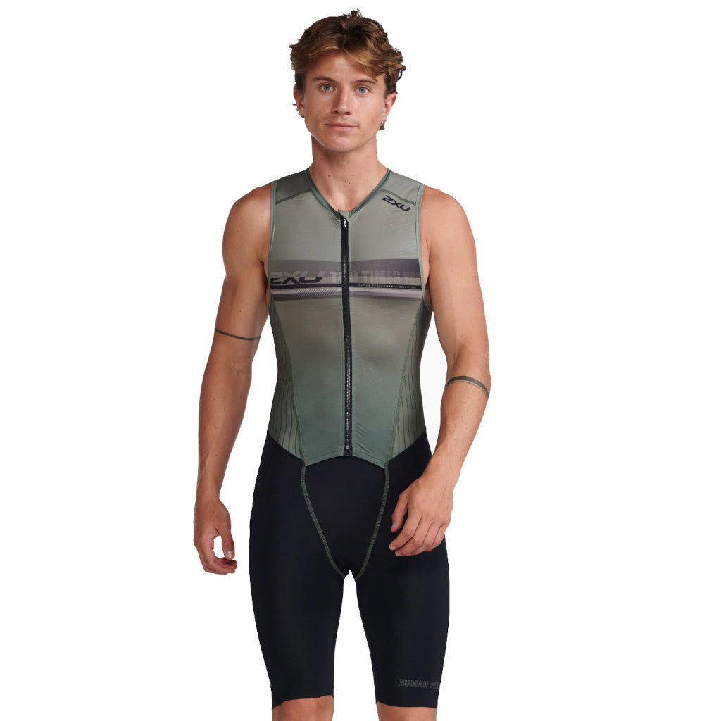 2XU Aero Front Zip Trisuit, Herren, alpine/periscope, olivegrün/schwarz