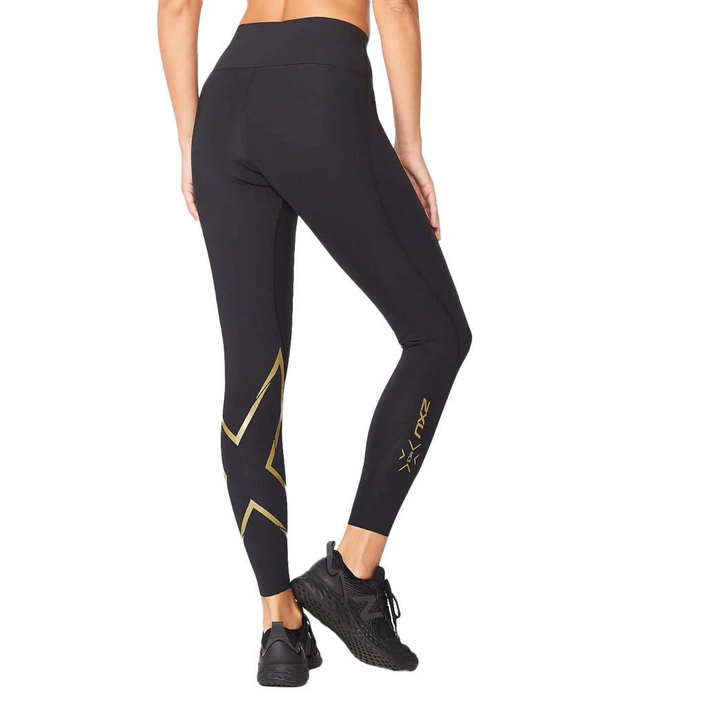 2XU Force Mid-Rise Compression Tights, Damen, Laufhose, black/gold, schwarz/gold